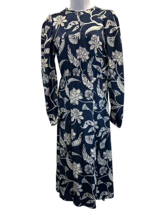 Johanne Ortiz Size 6 Navy Blue & Cream White Silk Floral Botanical Dress Navy Blue & Cream White / 6