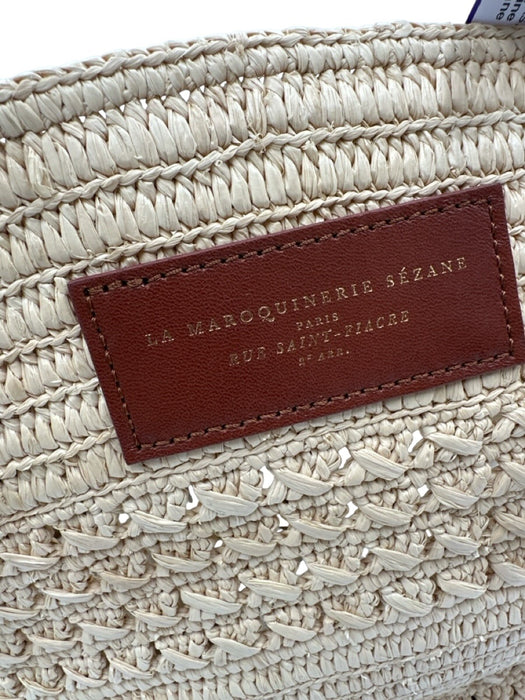 Sezane Beige & Brown Raffia Woven Leather Accents Drawstring Basket Bag Beige & Brown