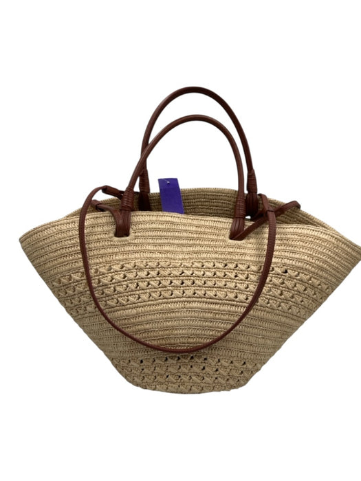 Sezane Beige & Brown Raffia Woven Leather Accents Drawstring Basket Bag Beige & Brown