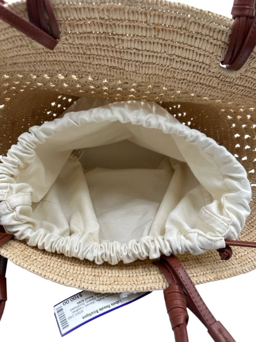 Sezane Beige & Brown Raffia Woven Leather Accents Drawstring Basket Bag Beige & Brown