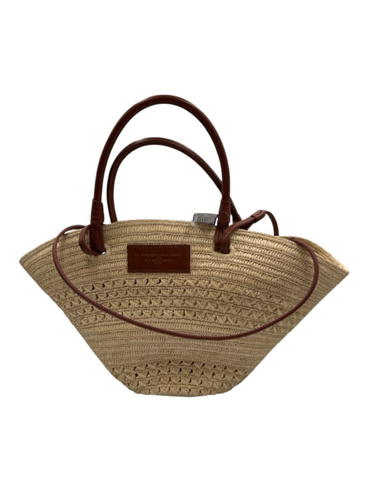 Sezane Beige & Brown Raffia Woven Leather Accents Drawstring Basket Bag Beige & Brown