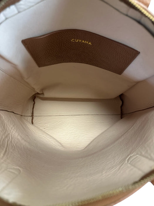 Cuyana Cognac Brown Leather Zip Top Flat Two Strap Tote Bag Cognac Brown