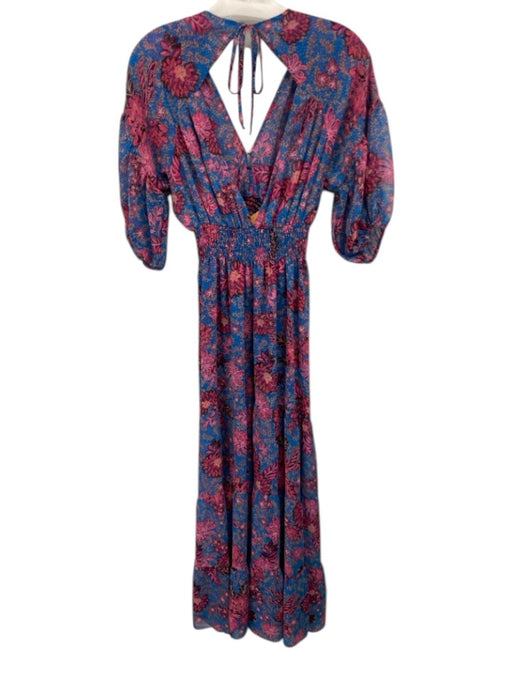 Misa Size S Blue & Pink Shirred Waist Floral Tie Back Midi Dress Blue & Pink / S