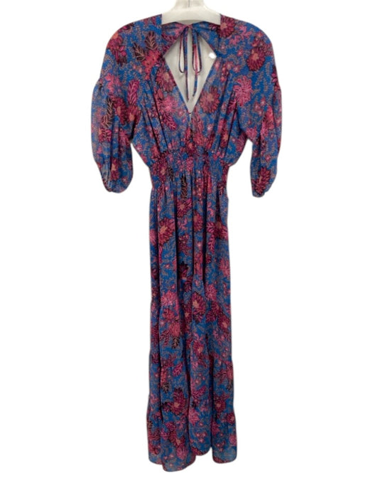Misa Size S Blue & Pink Shirred Waist Floral Tie Back Midi Dress Blue & Pink / S