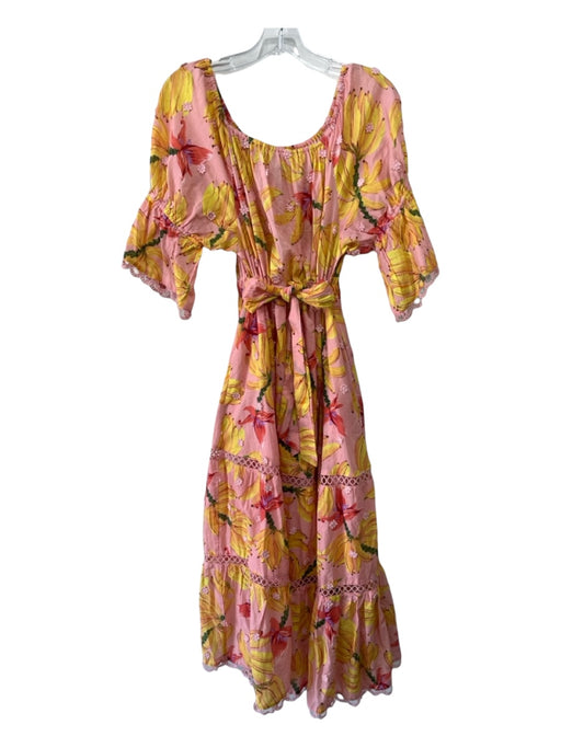 Farm Rio Size M Pink & Yellow Cotton Off Shoulder Drawstring Waist Dress Pink & Yellow / M