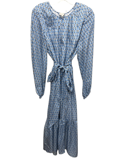 Ann Mashburn Size L Blue, White, Black Silk Flowers Long Balloon Sleeve Dress Blue, White, Black / L