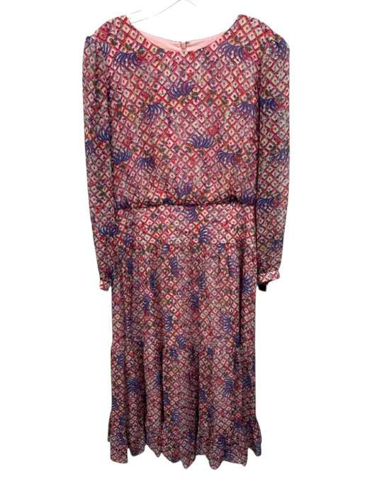 Saloni Size 12 Pink & Multi Silk Sheer Sleeves Long Sleeve All Over Print Dress Pink & Multi / 12