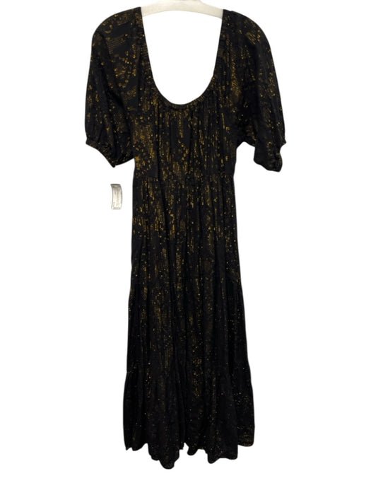 Roller Rabbit Size L Black & Gold Cotton Short Puff Sleeve Midi Pleats Dress Black & Gold / L