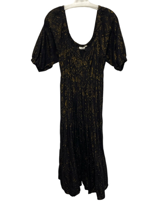 Roller Rabbit Size L Black & Gold Cotton Short Puff Sleeve Midi Pleats Dress Black & Gold / L
