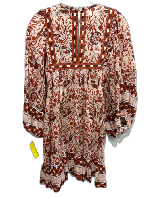 Cleobella Size L Orange, Brown & Cream Cotton Long puff sleeve V Neck Dress Orange, Brown & Cream / L