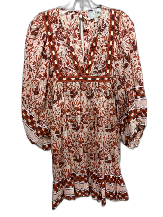 Cleobella Size L Orange, Brown & Cream Cotton Long puff sleeve V Neck Dress Orange, Brown & Cream / L