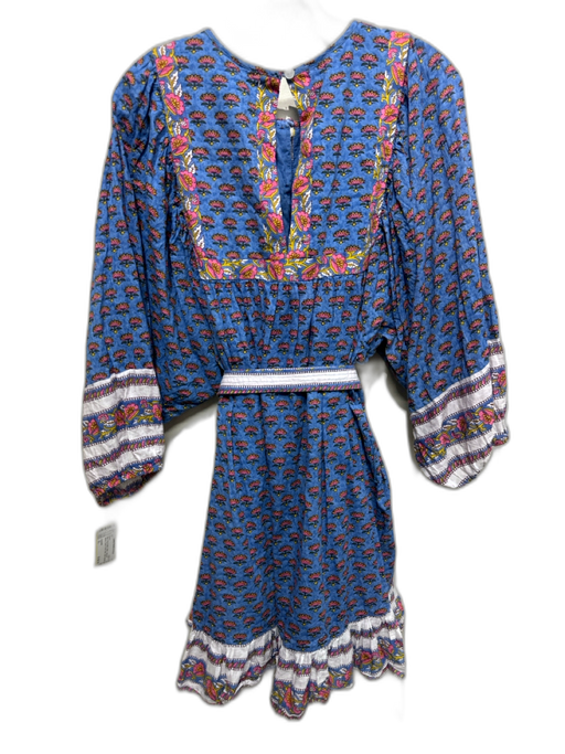 Cleobella Size XL Blue, Pink & Multi Cotton Long puff sleeve Floral V Neck Dress Blue, Pink & Multi / XL