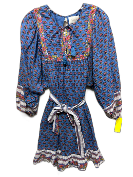Cleobella Size XL Blue, Pink & Multi Cotton Long puff sleeve Floral V Neck Dress Blue, Pink & Multi / XL