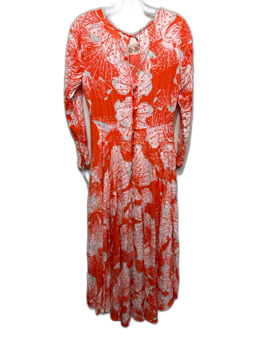 Free People Size M Orange & White Rayon Abstract Floral Long Sleeve Maxi Dress Orange & White / M