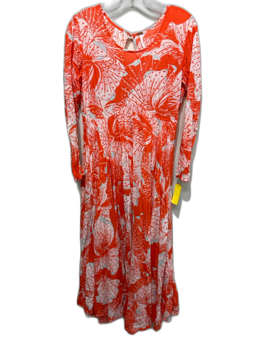 Free People Size M Orange & White Rayon Abstract Floral Long Sleeve Maxi Dress Orange & White / M