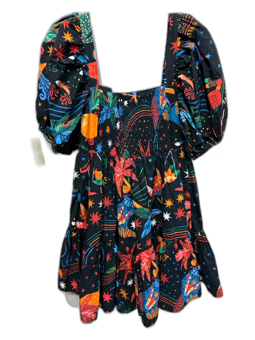 Farm Rio Size L Black & Multi Cotton Short Puff Sleeve Smocked Back Stars Dress Black & Multi / L