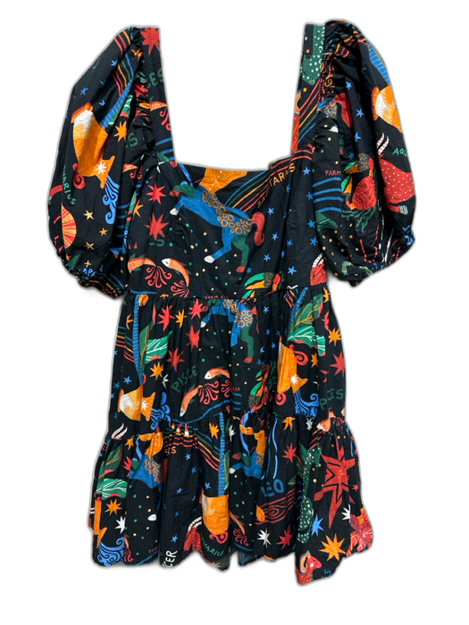 Farm Rio Size L Black & Multi Cotton Short Puff Sleeve Smocked Back Stars Dress Black & Multi / L