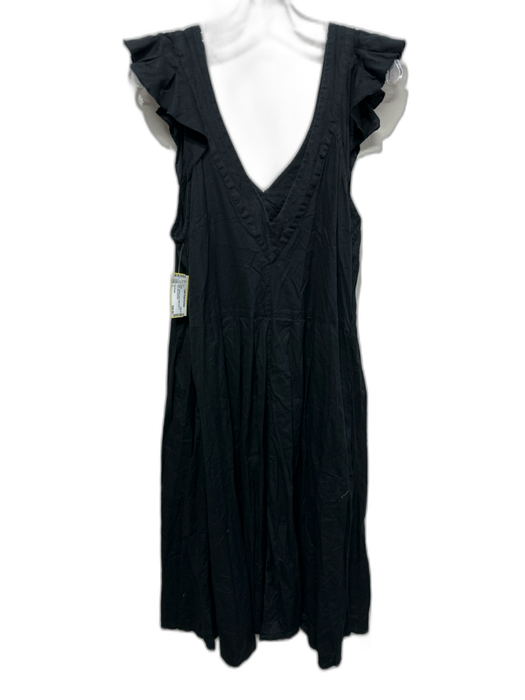Free People Size L Black Cotton & Linen Ruffle Strap V Neck Midi Dress Black / L
