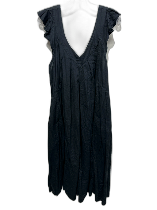 Free People Size L Black Cotton & Linen Ruffle Strap V Neck Midi Dress Black / L