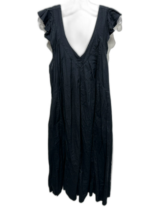 Free People Size L Black Cotton & Linen Ruffle Strap V Neck Midi Dress Black / L