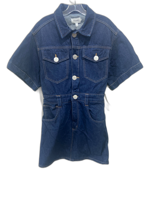 Frame Size M Dark Wash Blue Cotton Denim Short Sleeve Collar Button & Zip Dress Dark Wash Blue / M