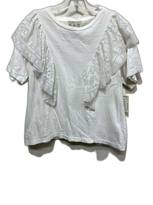 Sea New York Size L White Cotton & Nylon Lace Ruffle Detail Short Sleeve Tee Top White / L
