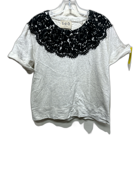 Sea New York Size L Light Gray & Black Cotton Lace Collar Sweatshirt Boxy Top Light Gray & Black / L