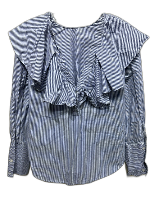 Sea New York Size M Blue & White Cotton Striped Long Sleeve Ruffle collar Top Blue & White / M