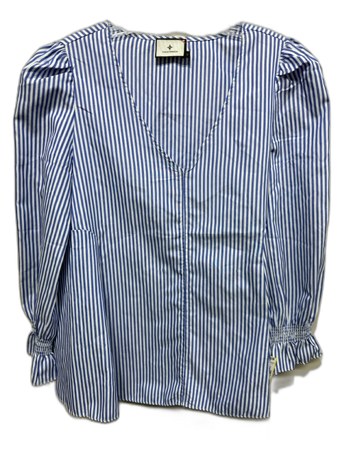 Tuckernuck Size L White & Blue Polyester Striped Long Sleeve V Neck Top White & Blue / L