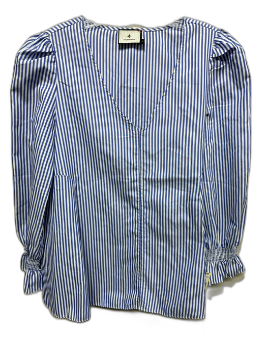 Tuckernuck Size L White & Blue Polyester Striped Long Sleeve V Neck Top White & Blue / L