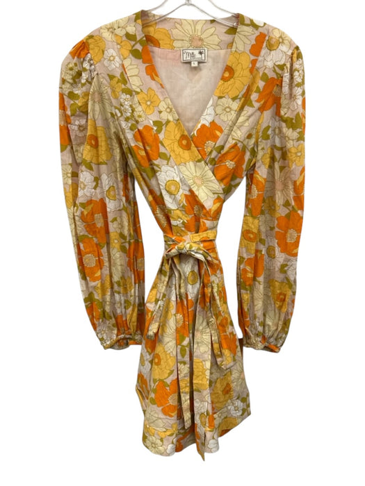 Mille Resort & Travel Size L Beige, Yellow & Orange Cotton Floral Wrap Dress Beige, Yellow & Orange / L
