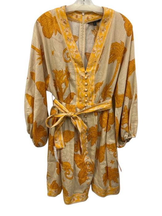 Banana Republic Size 10 Beige & Yellow Linen Flora & Fauna V Neck Dress Beige & Yellow / 10