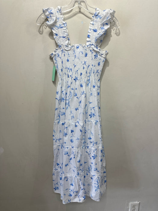 Hill House Size XS White & Blue Cotton Water Color Floral Ruffle Straps Dress