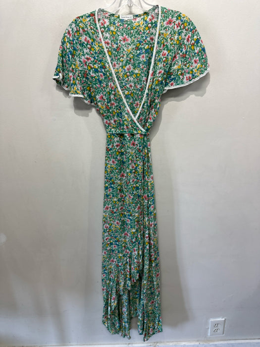 Poupette St. Barth Size S Green & Multi Viscose Floral Cap Sleeve Wrap Dress