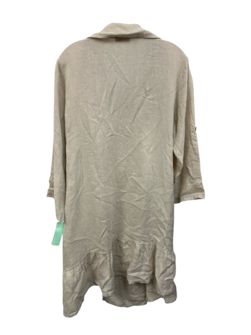 Size Est L Cream Beige Linen Collared V Neck 3/4 Sleeve Asymmetric Dress Cream Beige / Est L