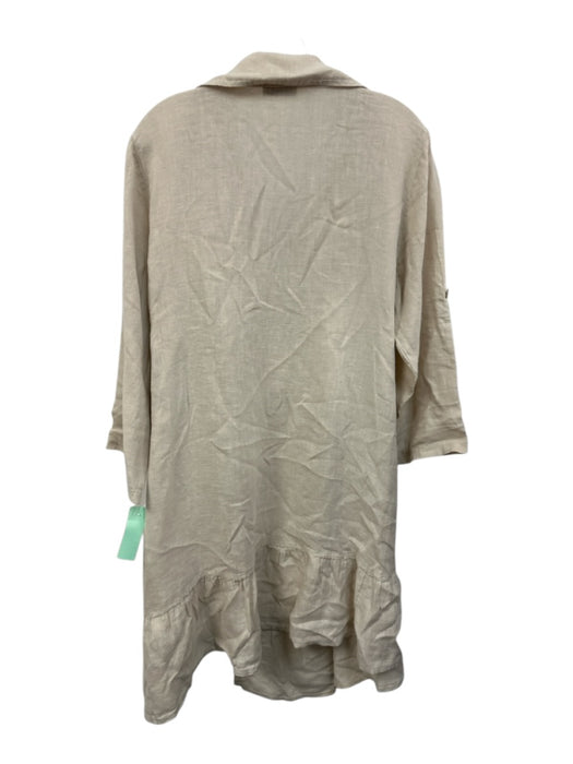 Size Est L Cream Beige Linen Collared V Neck 3/4 Sleeve Asymmetric Dress Cream Beige / Est L