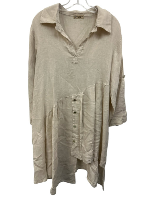 Size Est L Cream Beige Linen Collared V Neck 3/4 Sleeve Asymmetric Dress Cream Beige / Est L