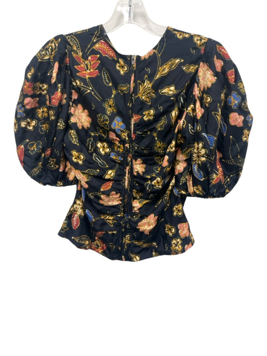 Ulla Johnson Size 2 Silk black & white stone Short Puff Sleeve Gathered Top Silk / 2