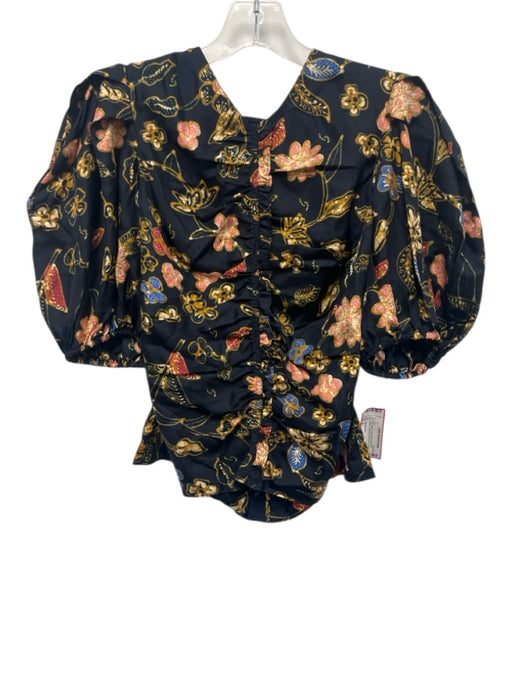 Ulla Johnson Size 2 Silk black & white stone Short Puff Sleeve Gathered Top Silk / 2