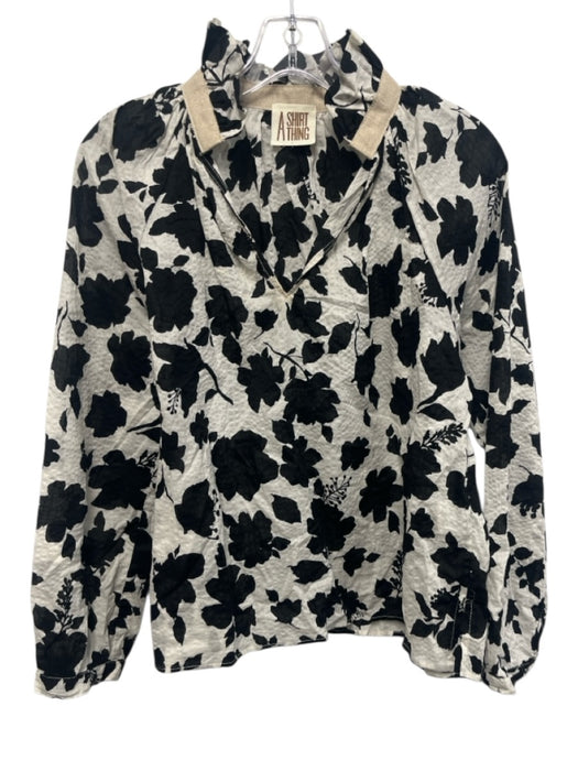 A Shirt Thing Size Est XS White & Black Cotton Floral V Neck Long Sleeve Top White & Black / Est XS
