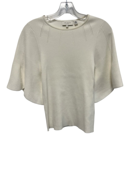 Ted Baker Size 2 White Viscose Blend Half Sleeve Ribbed Stretch Top White / 2