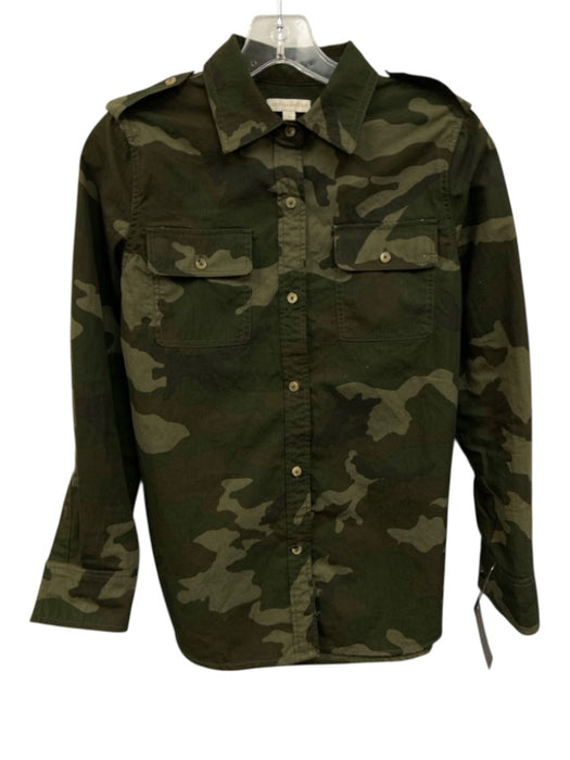Ann Mashburn Size S Army Green & Brown Cotton Blend Long Sleeve Camo Collar Top Army Green & Brown / S