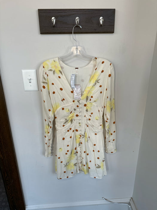 Free People Size XS Cream & Yellow Viscose Long Sleeve Polka Dot Flowers Dress
