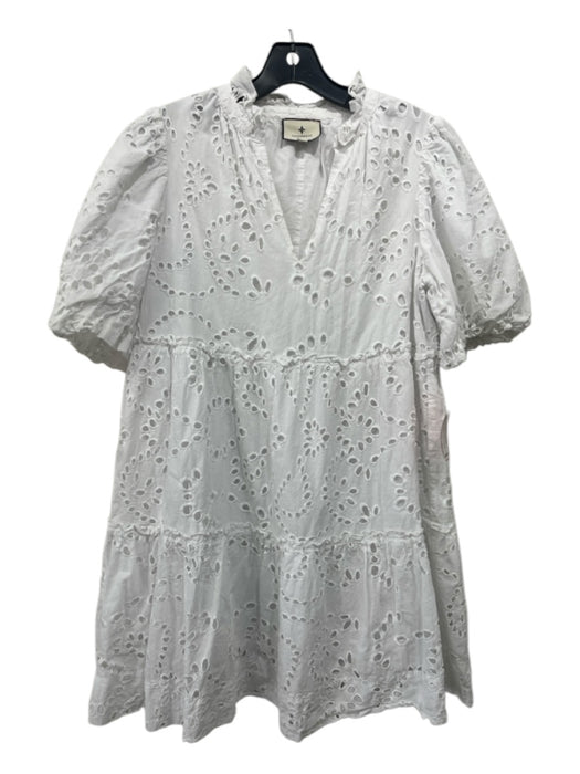 Tuckernuck Size XL White Cotton Eyelet Split V neckline Tiered Dress White / XL