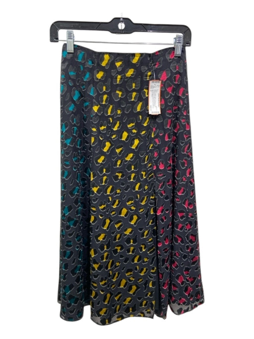 Alice + Olivia Size 0 Black, Yellow, Blue Viscose & Silk Animal Print Midi Skirt Black, Yellow, Blue / 0