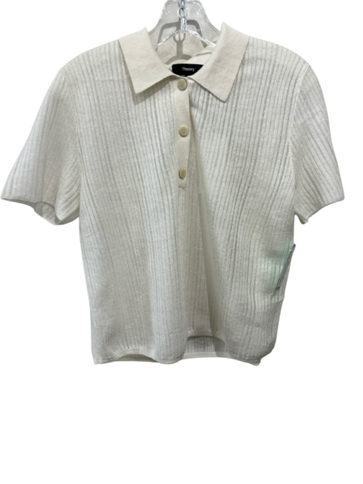 Theory Size M Cream White Linen Blend Ribbed Knit Short Sleeve Polo Top Cream White / M