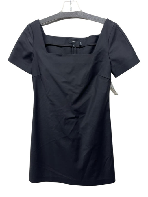 Theory Size 4 Black Nylon Blend Cap Sleeve Square Neck Mini Dress Black / 4