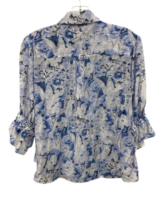 Cinq a Sept Size S Mixed Blues Rayon Blend Semi Sheer Floral Button Down Top Mixed Blues / S