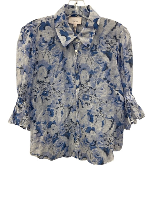 Cinq a Sept Size S Mixed Blues Rayon Blend Semi Sheer Floral Button Down Top Mixed Blues / S