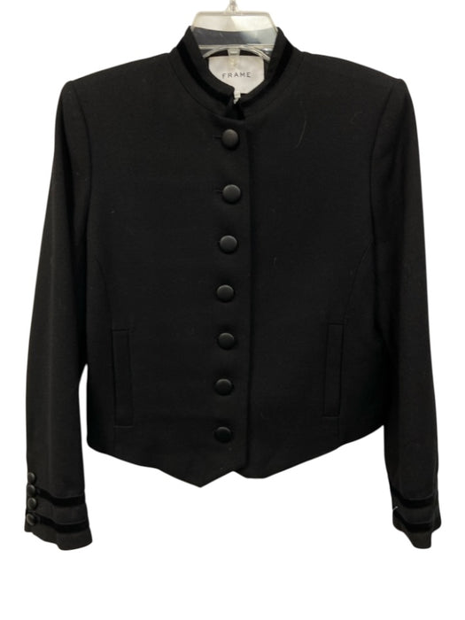 Frame Size Small Black Wool Blend Long Sleeve Button Front Velvet Trim Jacket Black / Small